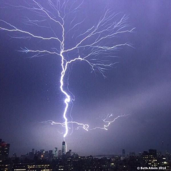 Beth Alison (@bethalison) got this shot of the July 2, 2014 lightning strike of One World Trade Center from her Manhattan apartment … with her phone!