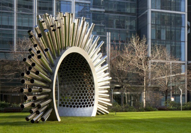 Sonic sculptures Already known for his blown-glass microbes and bacteria, U.K. artist Luke Jerram also makes creations motivated by the science of sound. In Jerram's sonic sculptures, "invisible sound waves are visualized as silent, three-dimensional experiences," says science writer Joe Hanson, host of PBS's "It's Okay To Be Smart." One striking example is Aeolus, a giant stringed musical instrument with harp-like cables that vibrate and make music, responding to changes in the wind. The sculpture (also shown at left) was designed "to make audible the silent shifting patterns of the wind and to visually amplify the ever changing sky," says Jerram.