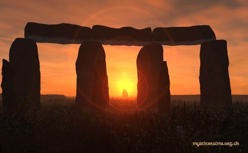 Rising sun over the Heel Stone at Stonehenge on the dawn  of the Summer Solstice.